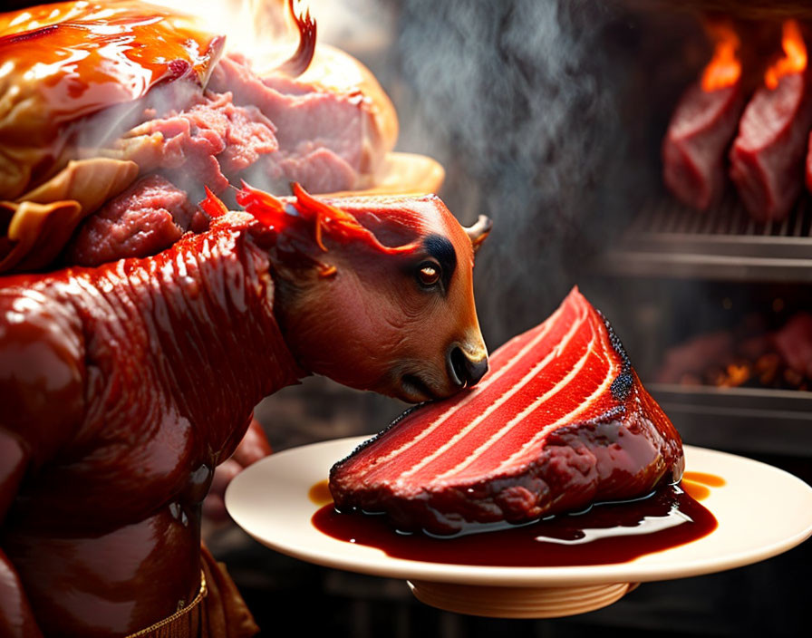 Digital artwork: Anthropomorphic bull preparing steak self-sacrifice.