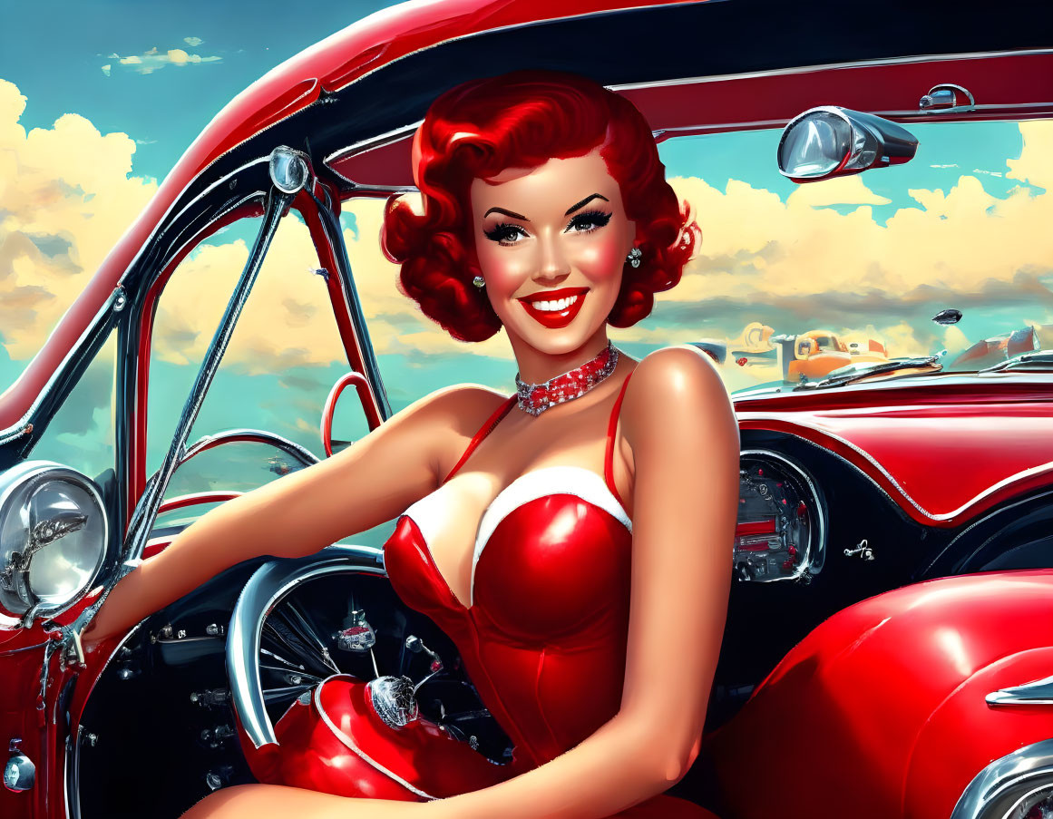 Smiling woman with red hair in vintage red outfit in classic convertible car.