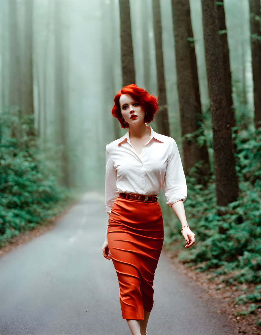 Red-haired woman in white blouse and red skirt walking in misty forest road