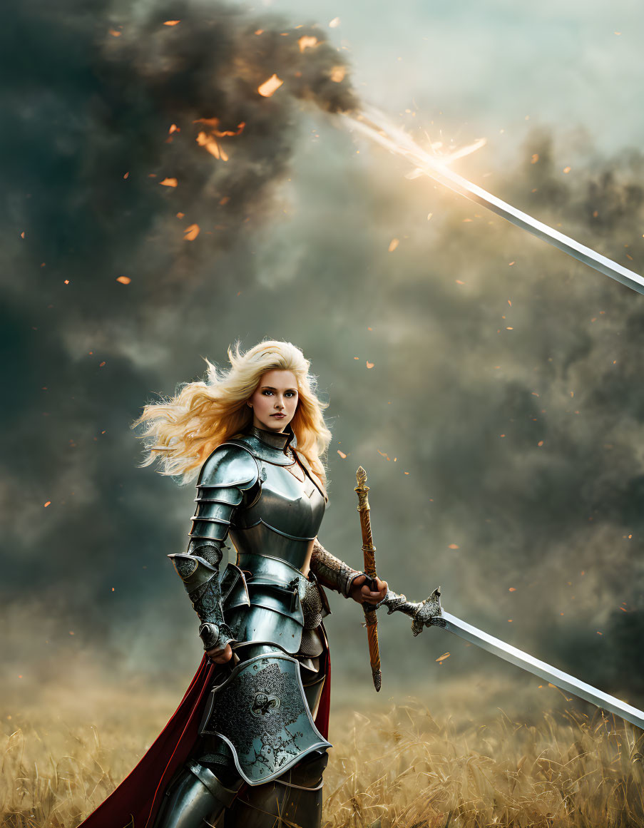 Armored warrior brandishing sword in field with dramatic backdrop.
