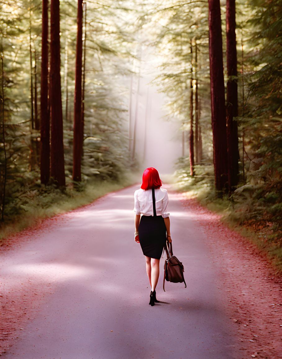 Red-haired woman walking in misty forest with black bag, sunlight filtering through trees