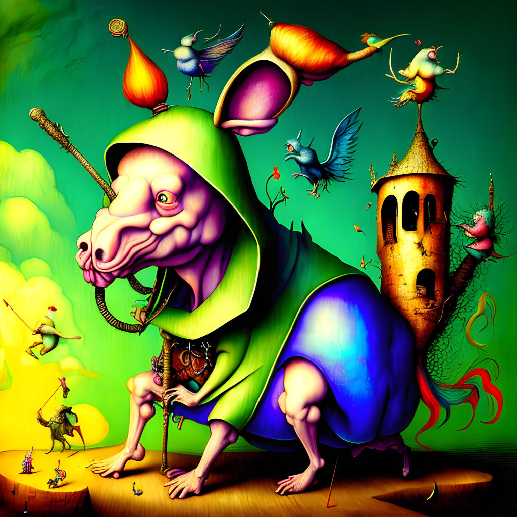 Colorful surreal illustration: Anthropomorphic creature with rodent features in hood, surrounded by imaginative birds and