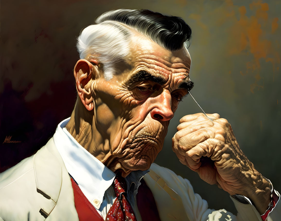 Detailed Illustration of Elderly Man with Wrinkles and Red Tie
