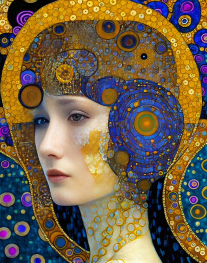 Digital art portrait blending woman's face with Klimt-inspired patterns in blues and golds