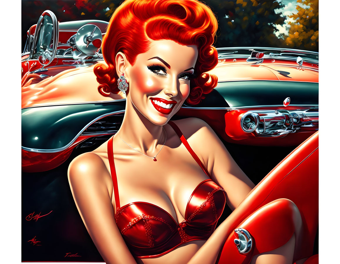 Smiling woman with red hair in pin-up style next to classic car