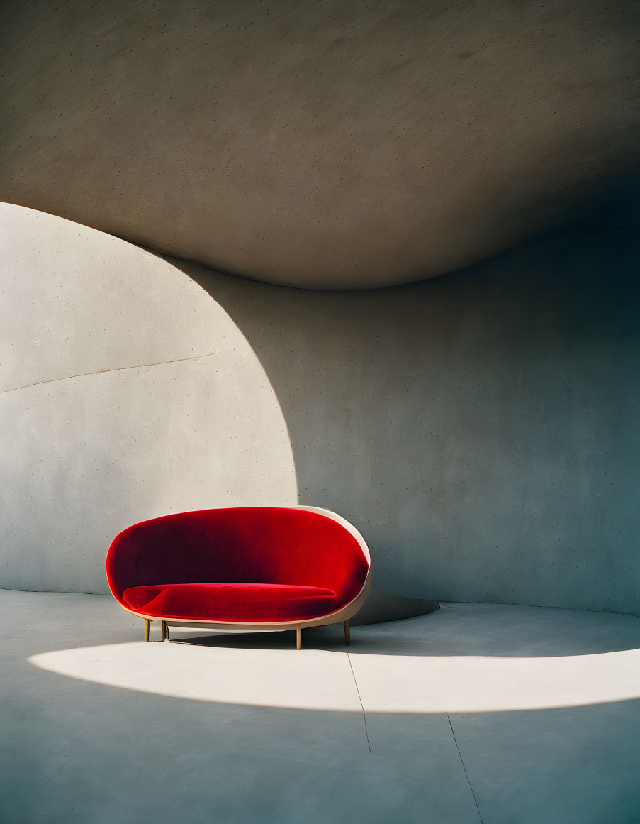 Red modern sofa in minimalistic room with concrete walls and sunlight shadow