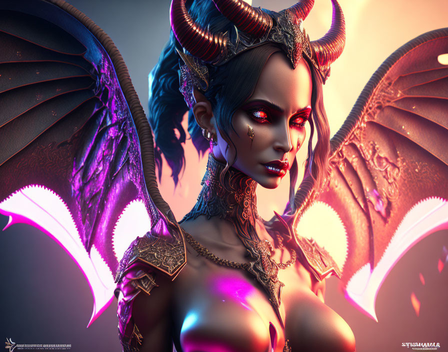 Fantastical female figure with horns and wings in glowing armor against moody backdrop