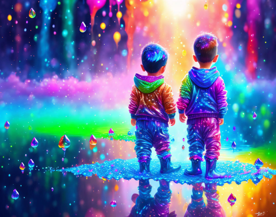Children in vibrant fantasy landscape with glowing raindrops