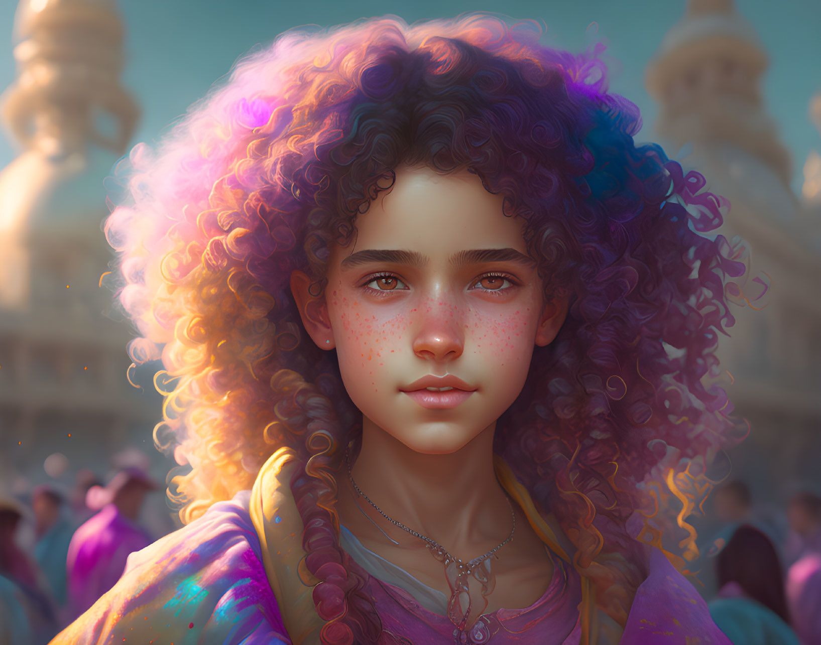 Vibrant digital artwork featuring young girl with purple curly hair