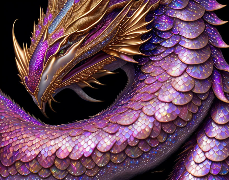 Majestic dragon with purple scales, golden accents, green eyes