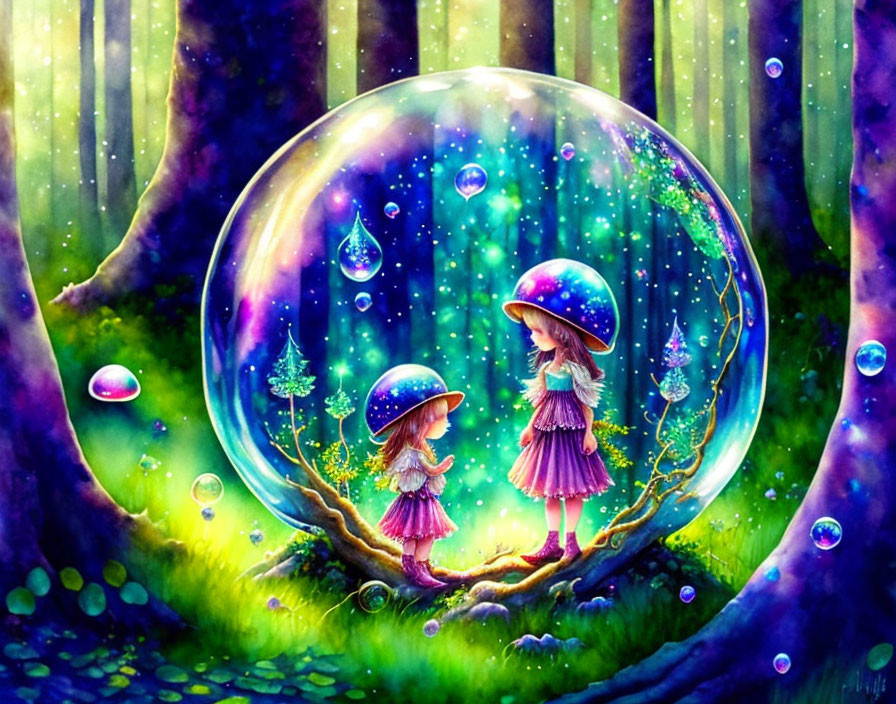 Whimsical characters with mushroom hats in magical forest with glowing bubbles