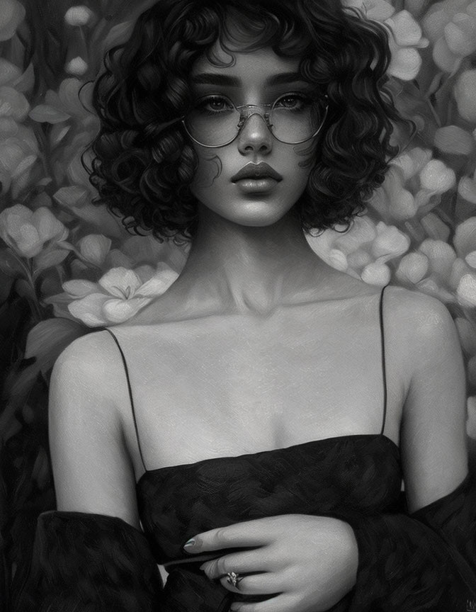 Monochrome digital portrait of young woman with curly hair and round glasses against floral backdrop