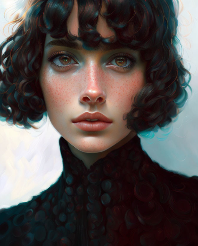 Portrait of woman with curly hair, freckles, big eyes, and high-collared dark