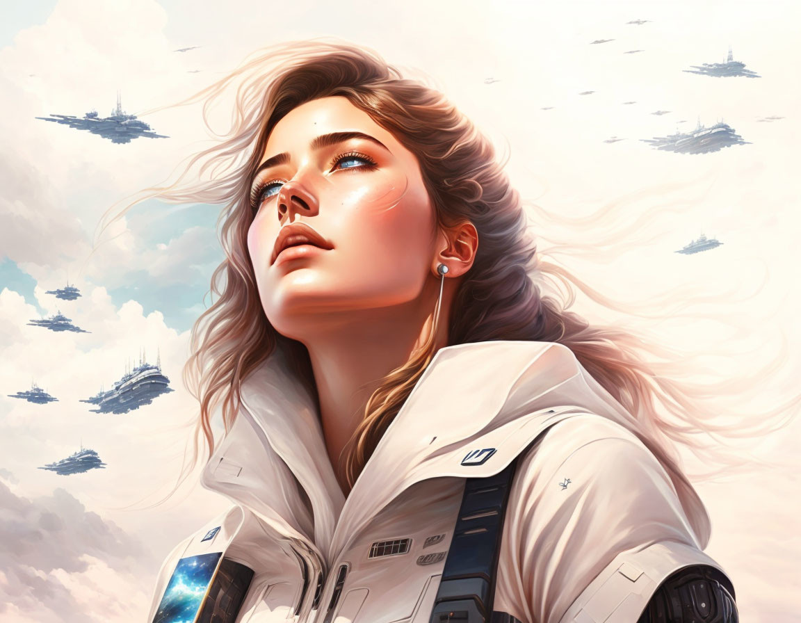 Futuristic digital artwork of a woman in a spacesuit with flowing hair and ships in the sky