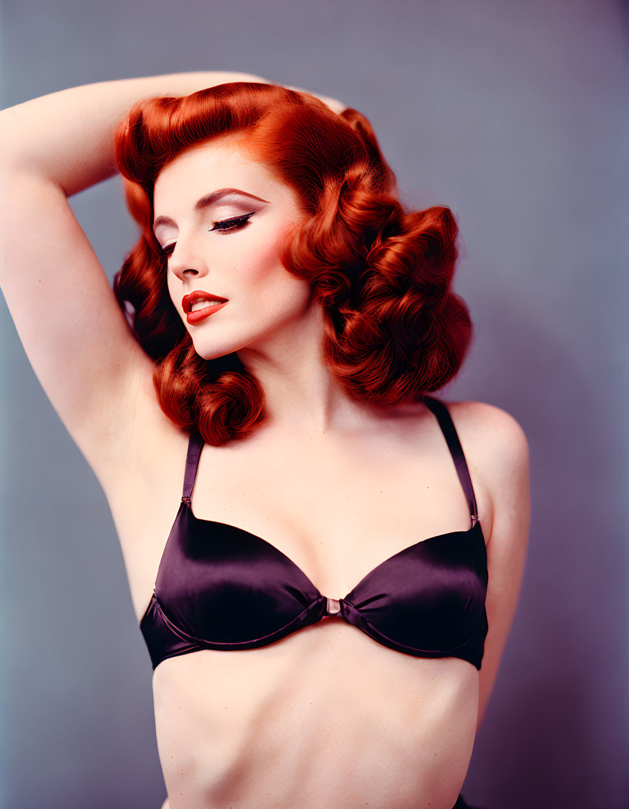 Vintage Makeup and Hairstyle Woman in Red Lipstick and Curls in Black Bikini Top