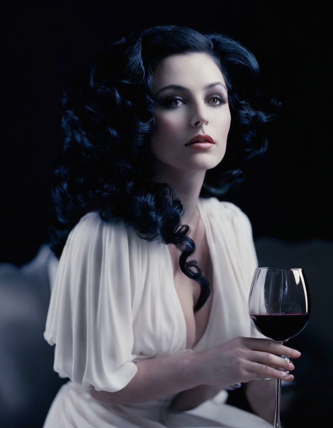Dark Curled Hair Woman in White Dress Holding Wine Glass