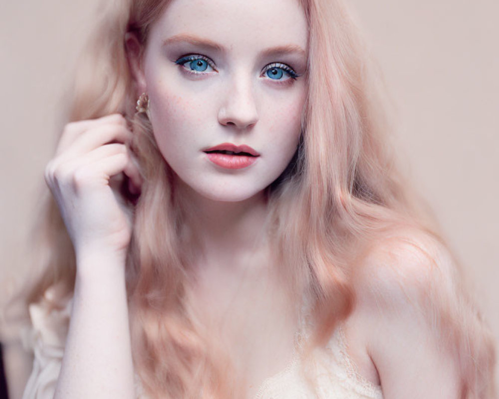Young woman with blue eyes and red hair posing against beige backdrop