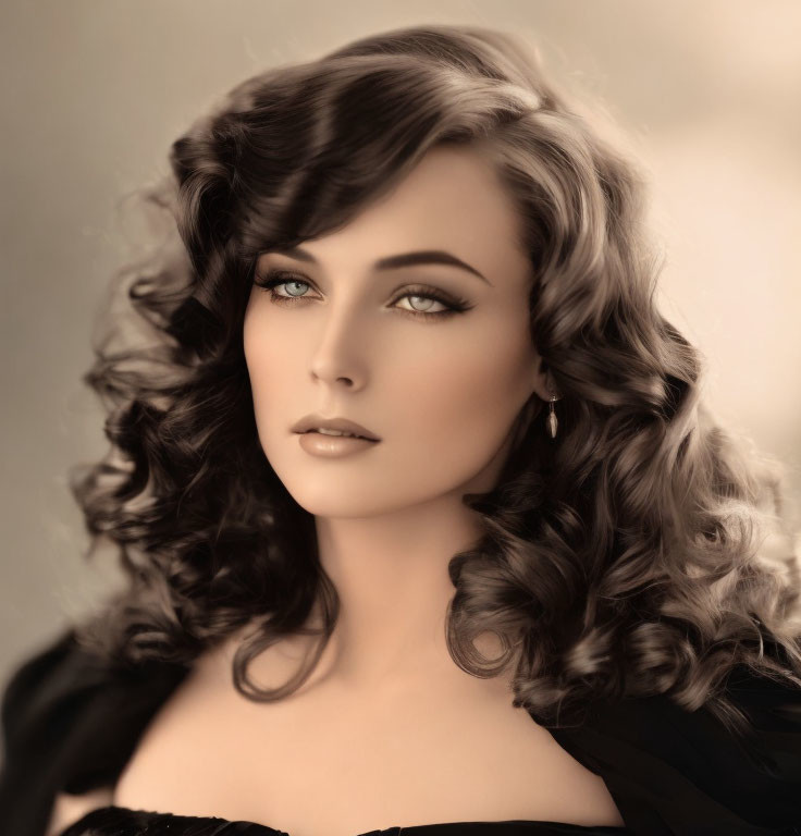 Vintage-style portrait of a woman with curly hair and elegant makeup in sepia tones