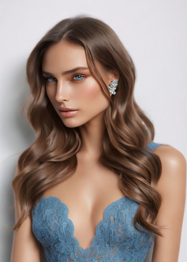Woman with Wavy Brown Hair and Blue Lace Dress Portrait