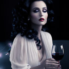 Dark Curled Hair Woman in White Dress Holding Wine Glass