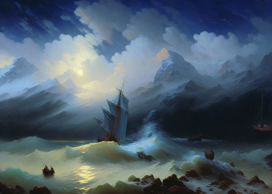 Maritime sailboats in turbulent seas under dramatic moonlit sky
