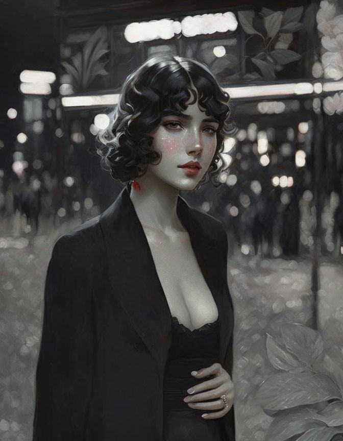 Illustrated woman with dark curly hair and red lips in black blazer against blurred lights and foliage.