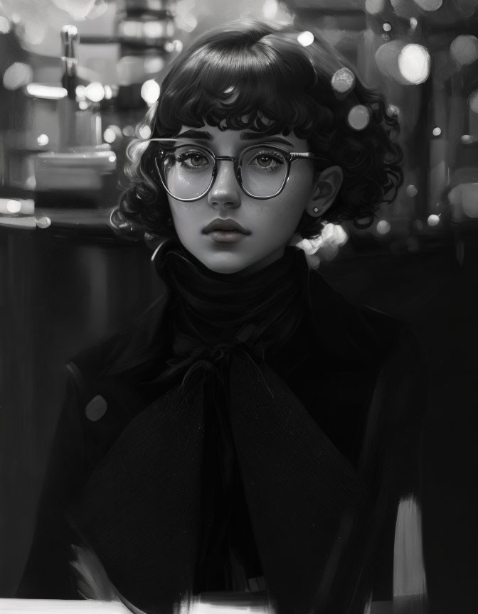 Monochrome portrait of person with curly hair, round glasses, and scarf