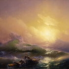 Small boat and large ship sailing on tumultuous seas at sunset with golden sunlight piercing through cloudy sky