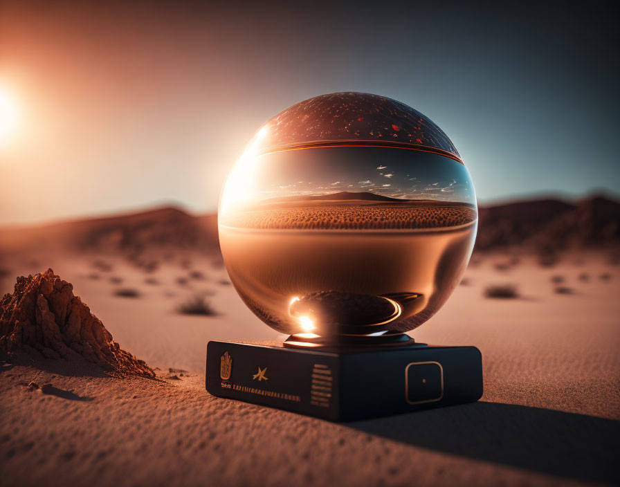 Crystal ball on stand reflects inverted landscape under twilight sky