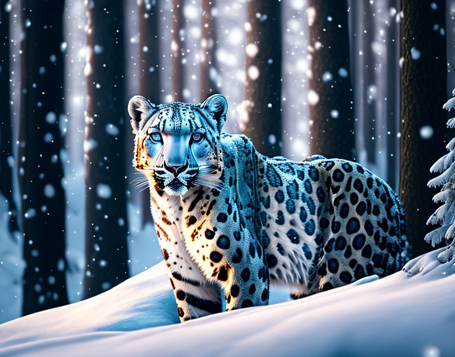 Leopard with Blue Patterns in Snowy Forest