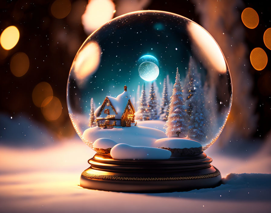 Snow globe with miniature house and trees under night sky and warm lights.