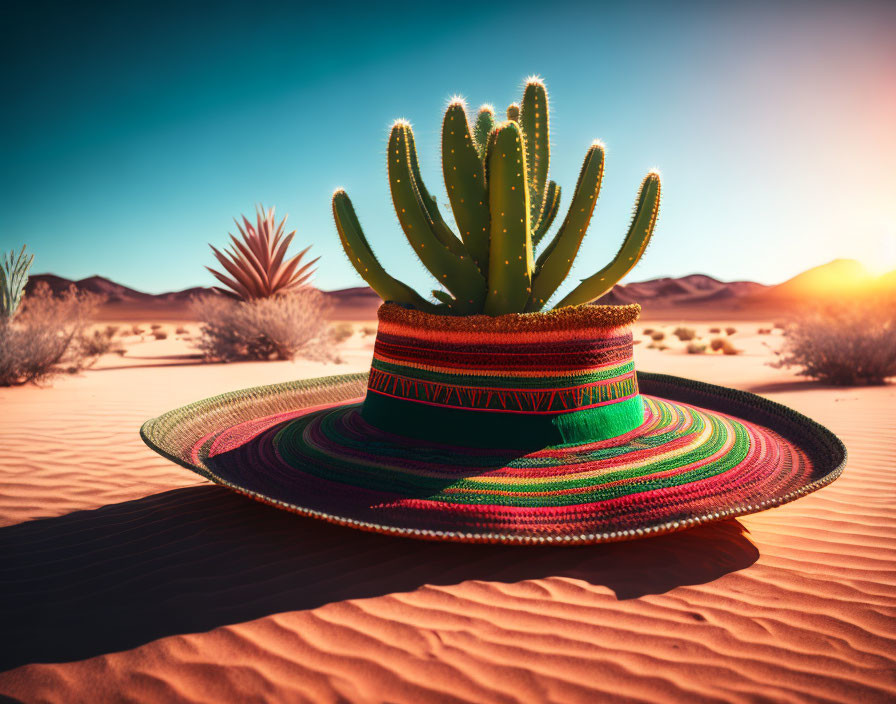 Desert cactus wearing sombrero under low sun in sandy landscape