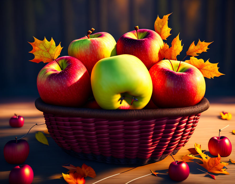 Wicker Basket with Red and Green Apples on Wooden Surface