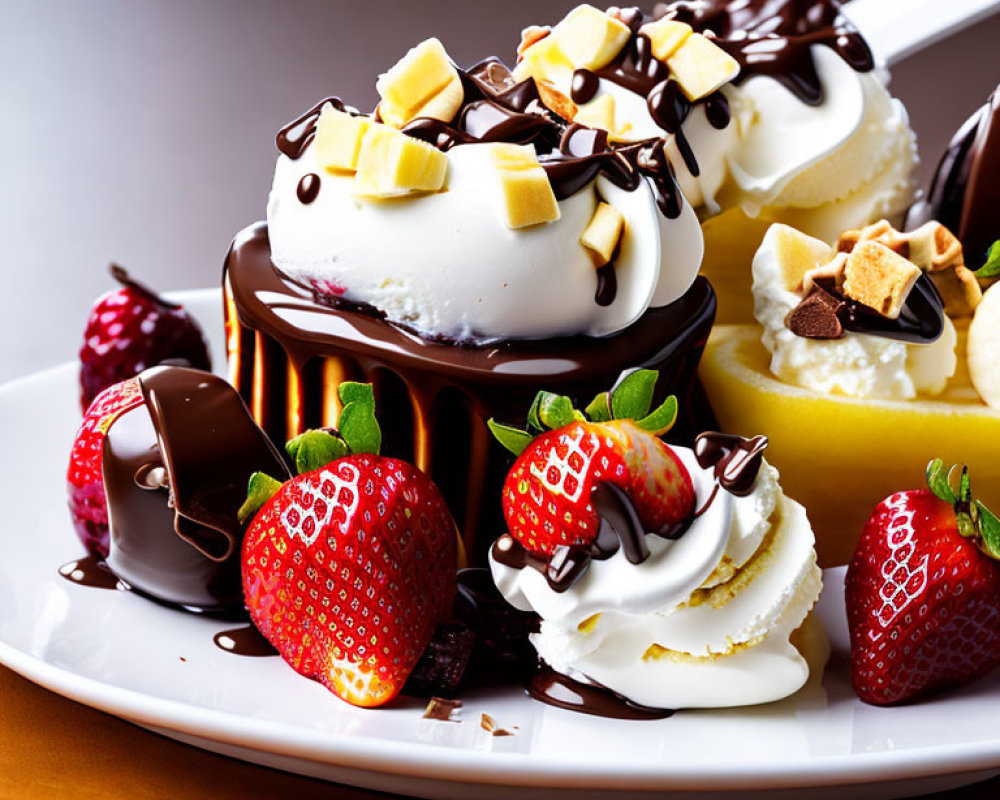 Chocolate-drizzled vanilla ice cream with strawberries, chocolate, whipped cream, and bananas.