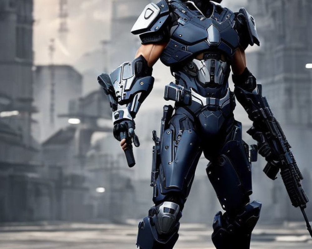Futuristic soldier in advanced armor and helmet with rifle in urban setting