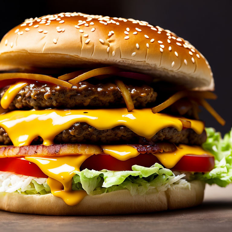 Sesame bun double cheeseburger with beef, cheese, lettuce, tomato, and bacon