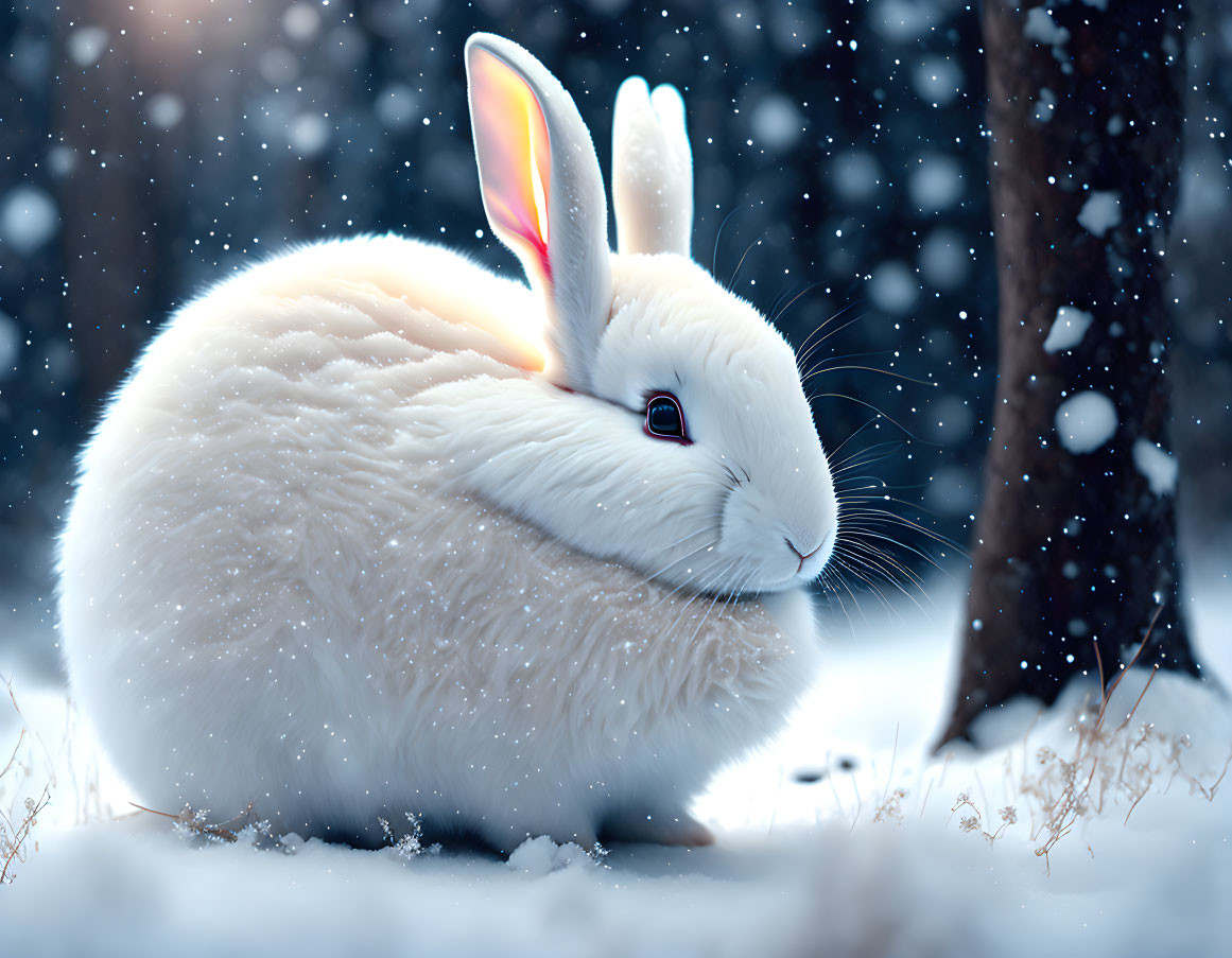 Fluffy white rabbit with luminous ears in snowy landscape