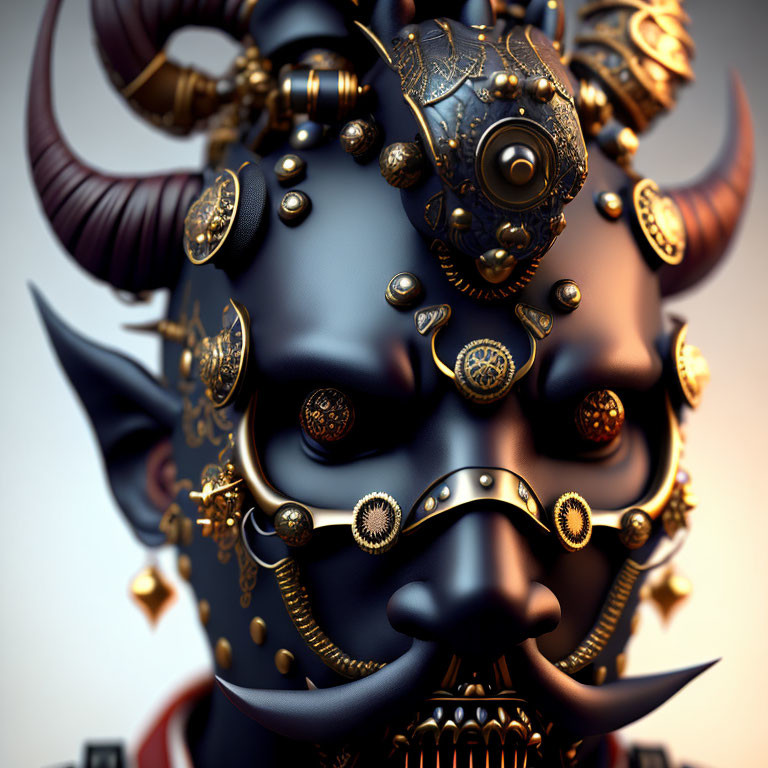 Steampunk-inspired bull head with golden gears and dark horns