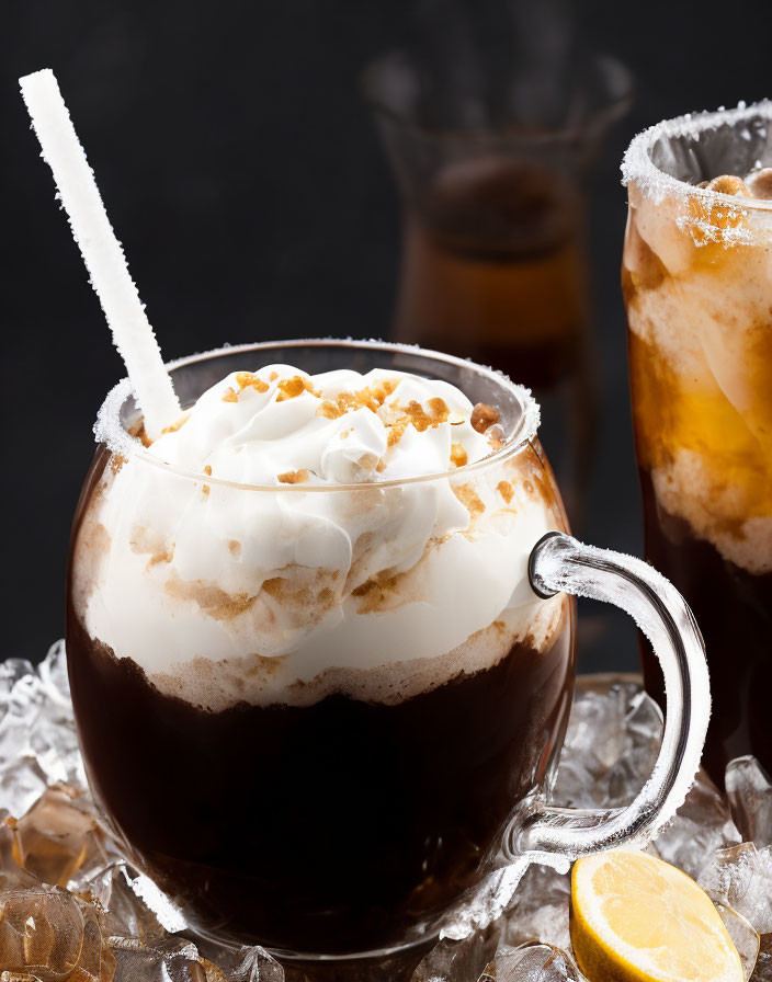 Iced coffee with whipped cream, nuts, lemon, and ice cubes