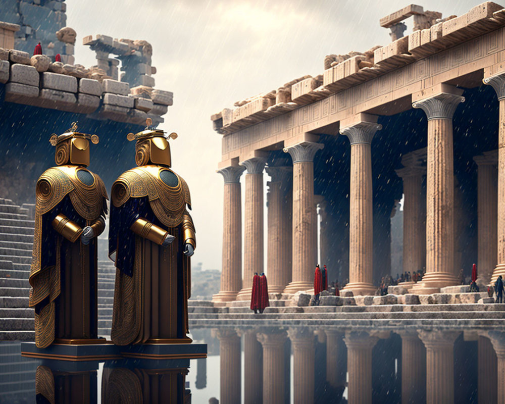 Golden armored knights at ancient temple under stormy sky with cloaked figures and ruins reflected in water