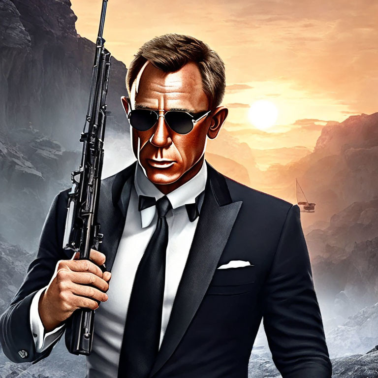 Stylish man in suit with rifle in fiery mountain landscape