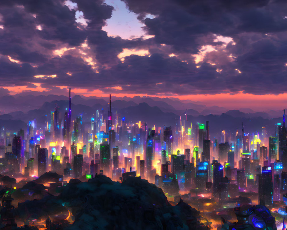 Futuristic cityscape at dusk with neon lights, skyscrapers, dramatic sky
