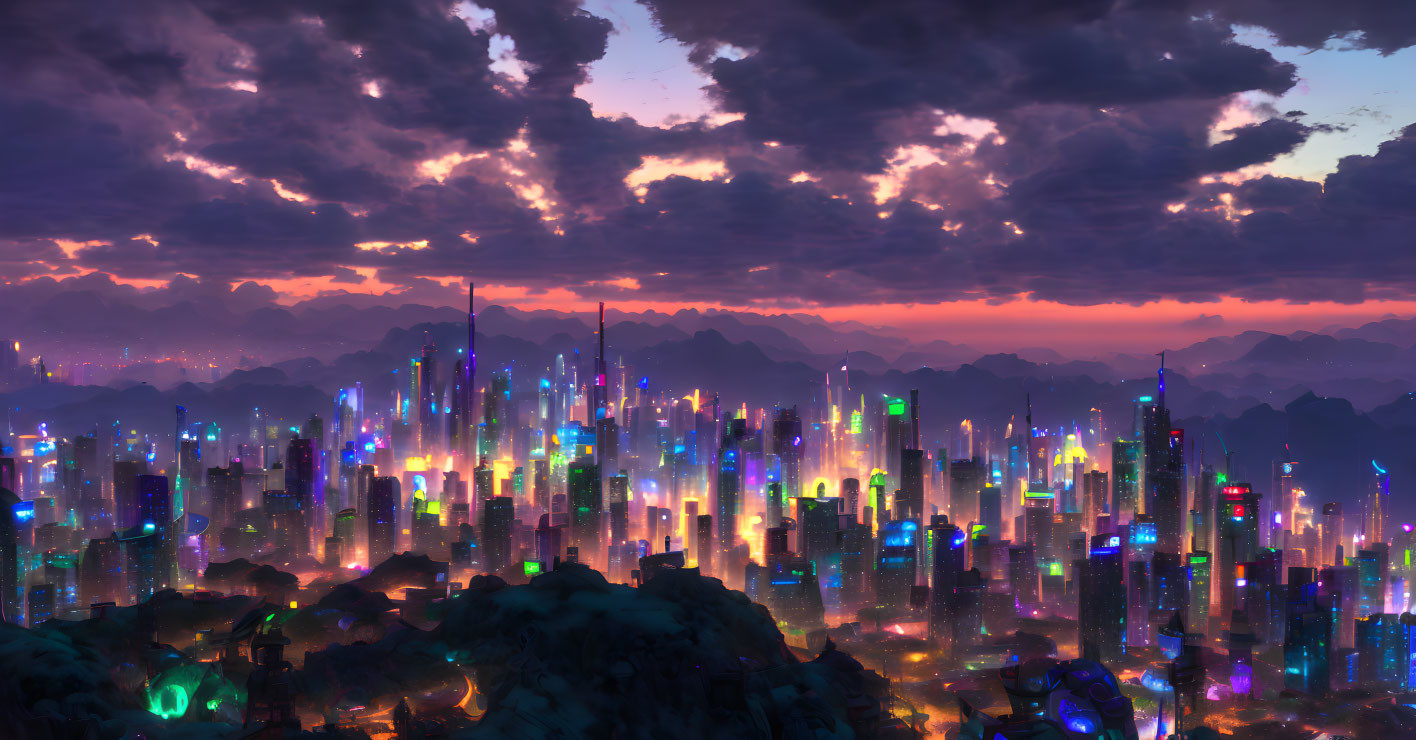 Futuristic cityscape at dusk with neon lights, skyscrapers, dramatic sky
