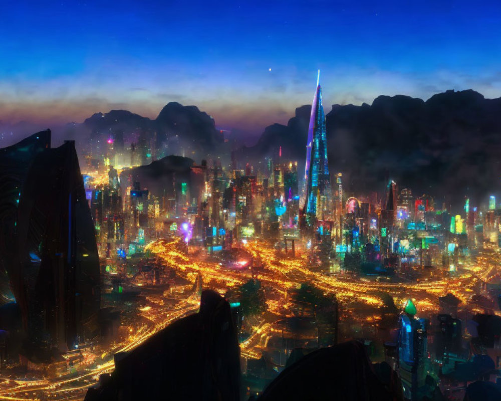 Vibrant nighttime cityscape with futuristic skyscrapers and tower against mountain backdrop