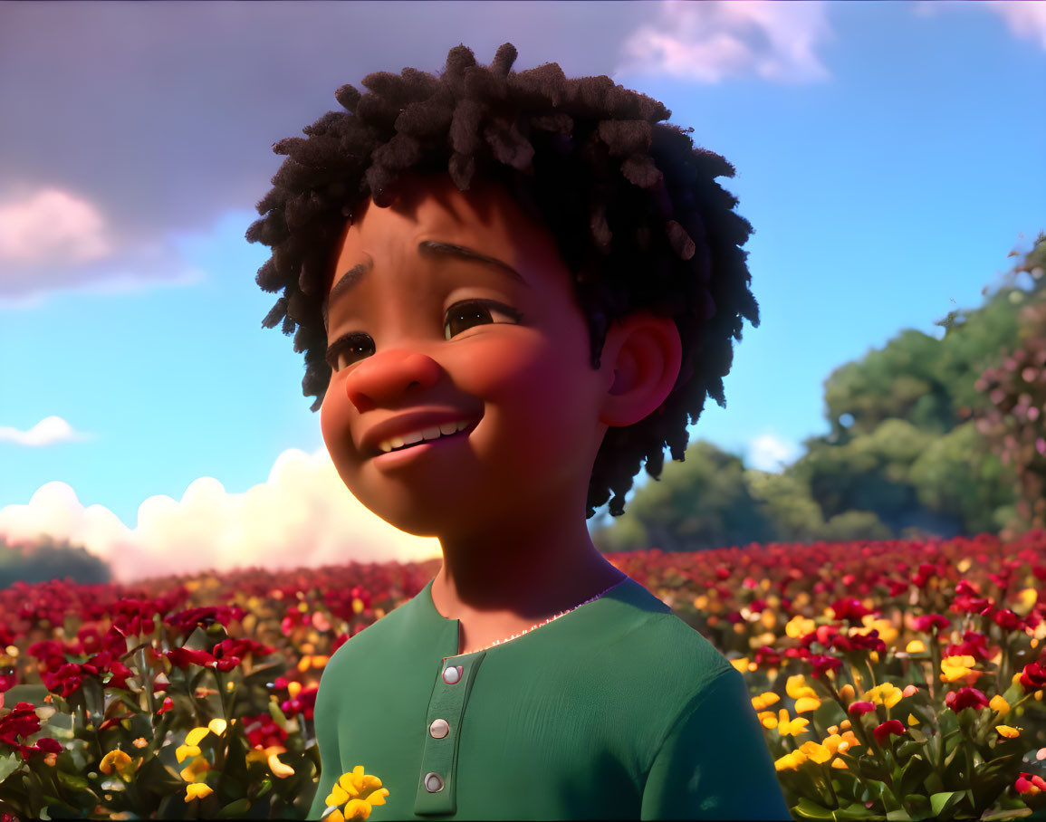 Young boy with curly hair smiling in vibrant flower field