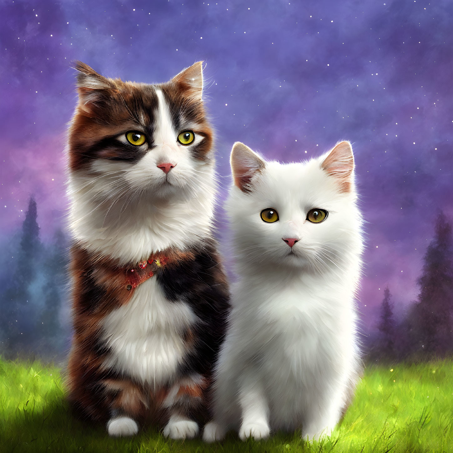 Fluffy calico and white cats under mystical purple starry sky and forest silhouette