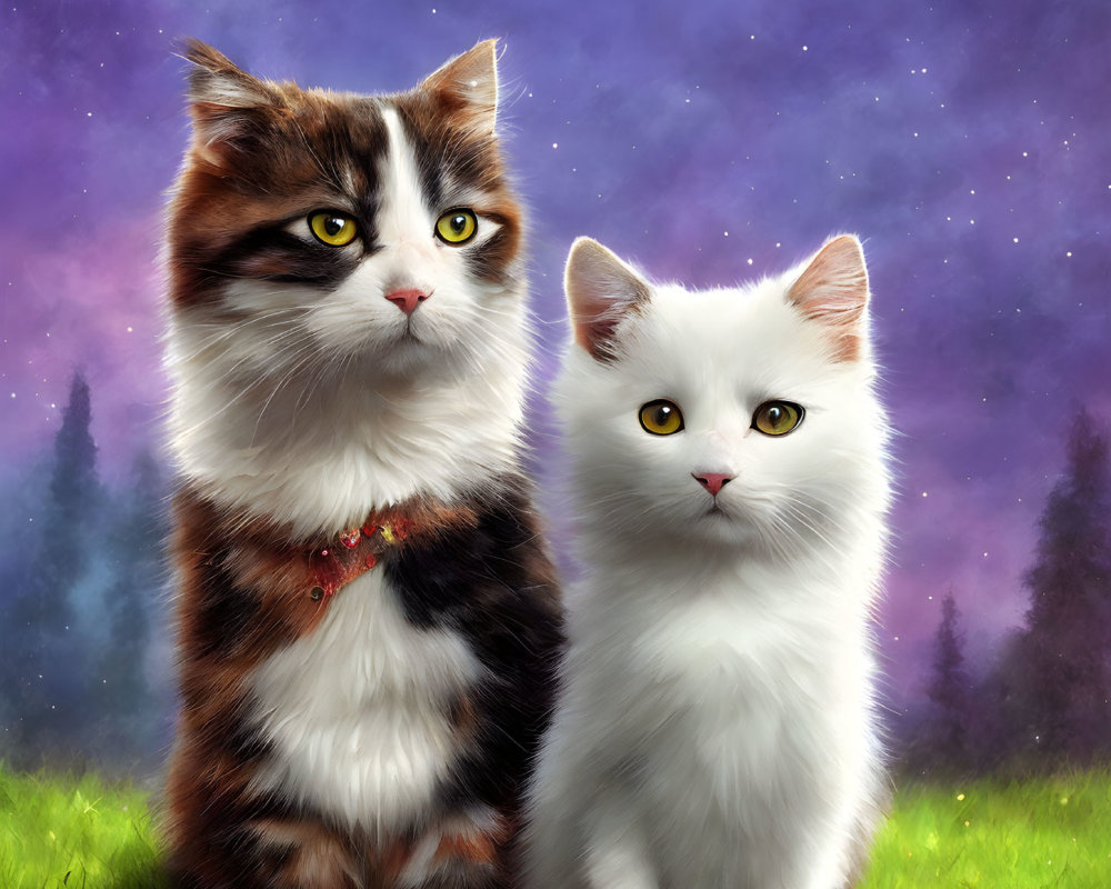 Fluffy calico and white cats under mystical purple starry sky and forest silhouette