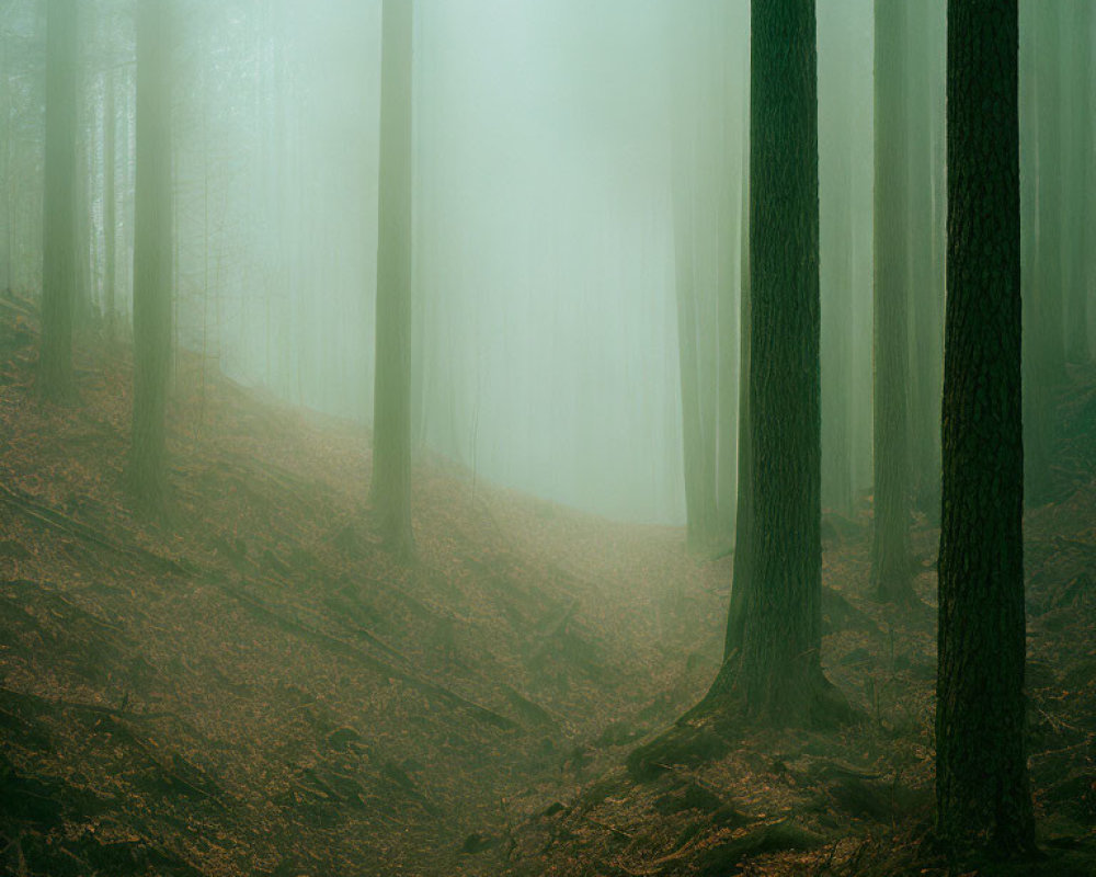 Misty Forest with Tall Trees and Fallen Leaves