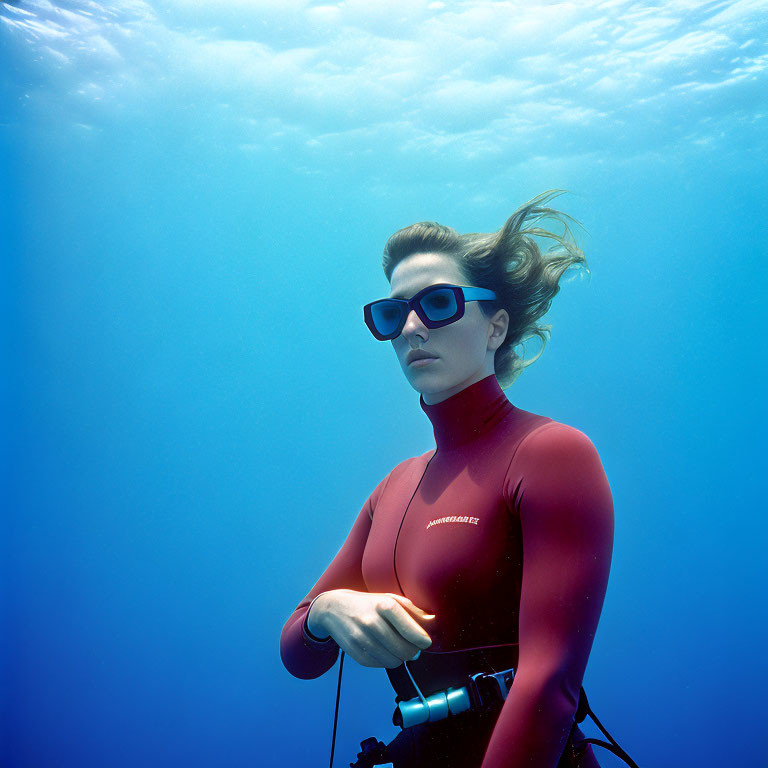 Woman in wetsuit and sunglasses underwater with flowing hair & clear blue water
