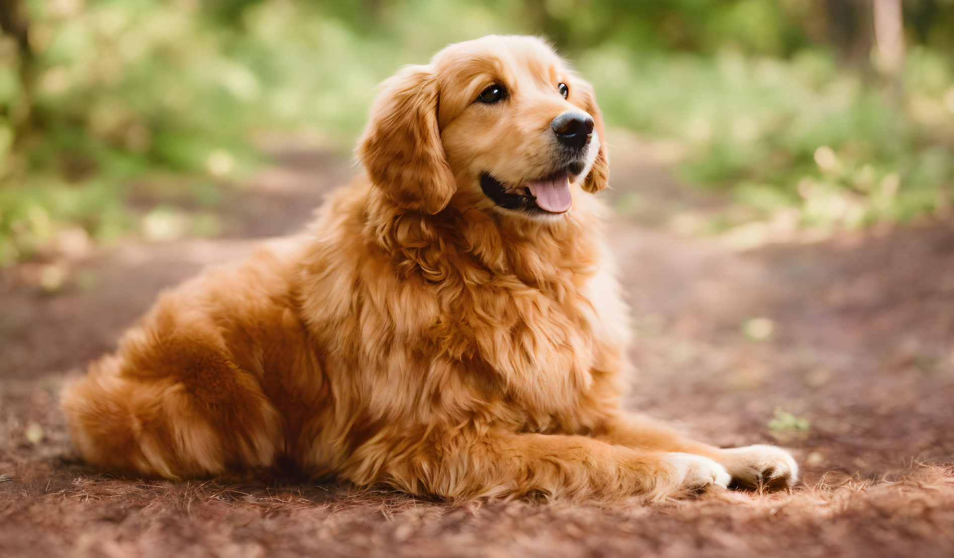 Happy golden retriever dog in forest setting with tongue out